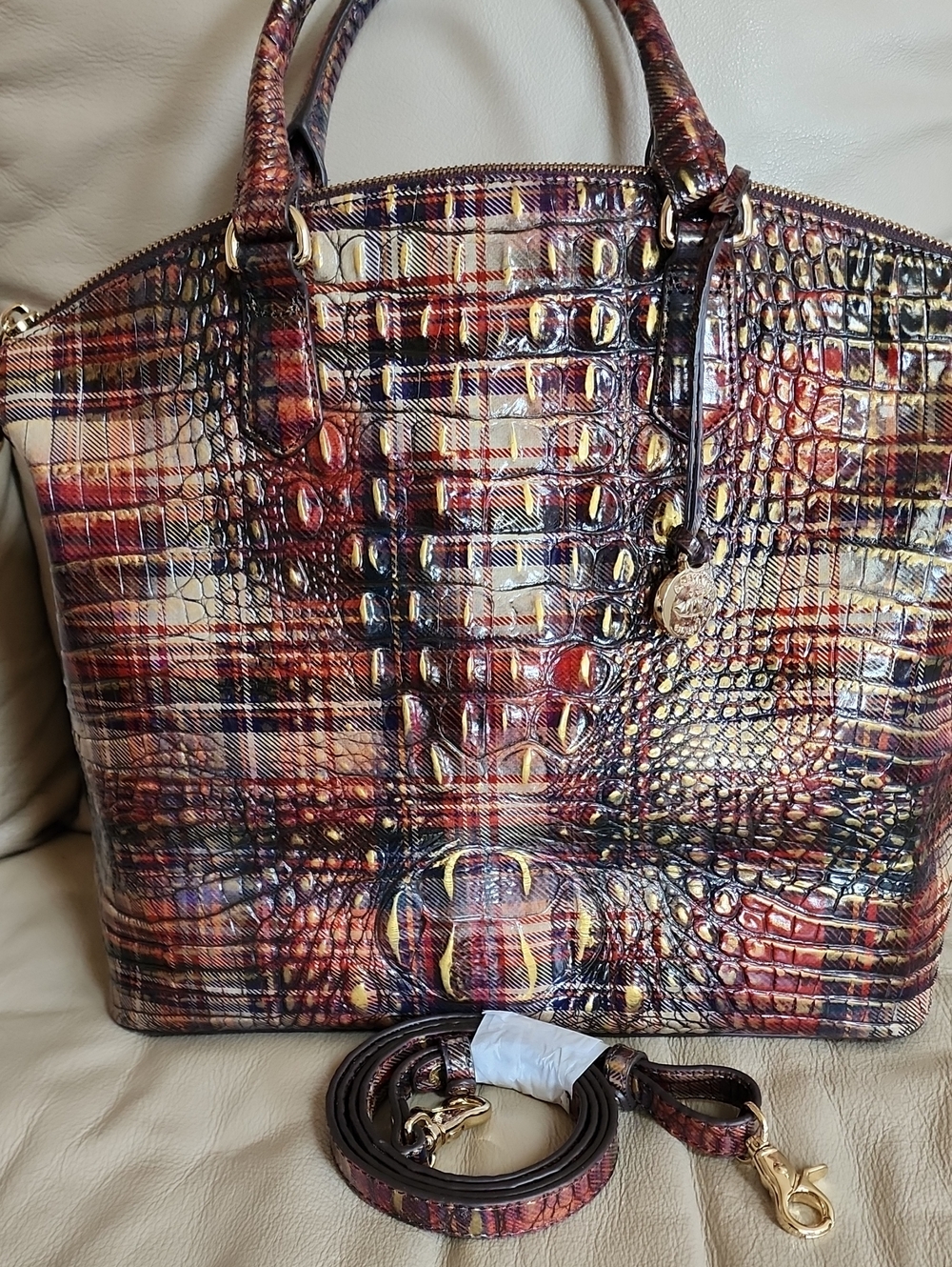 Brahmin Women's Multi-Color Plaid Croc-Embossed Satchel Preowned